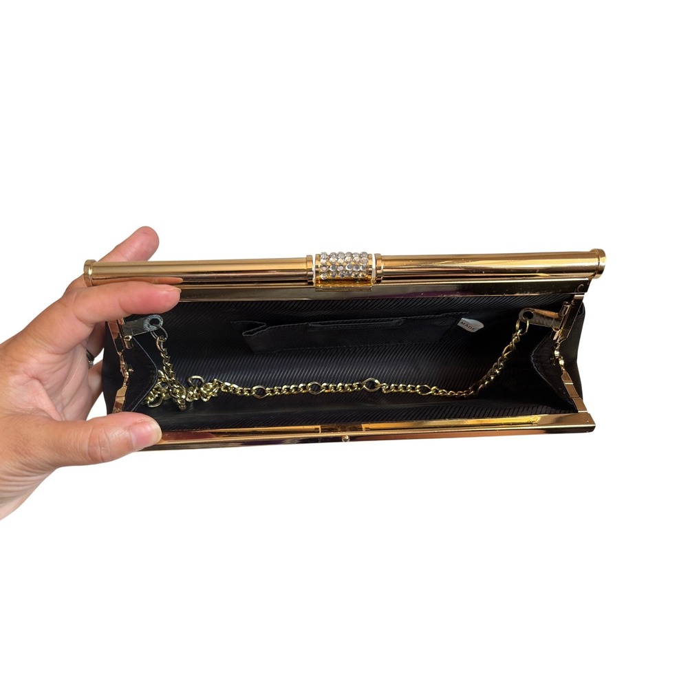 Lovely N.Y. Black Satin Pleated Evening Clutch Bag Gold Frame Rhinestone Accent - Picture 5 of 5